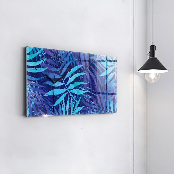 Horizontal wall clock Blue leaves