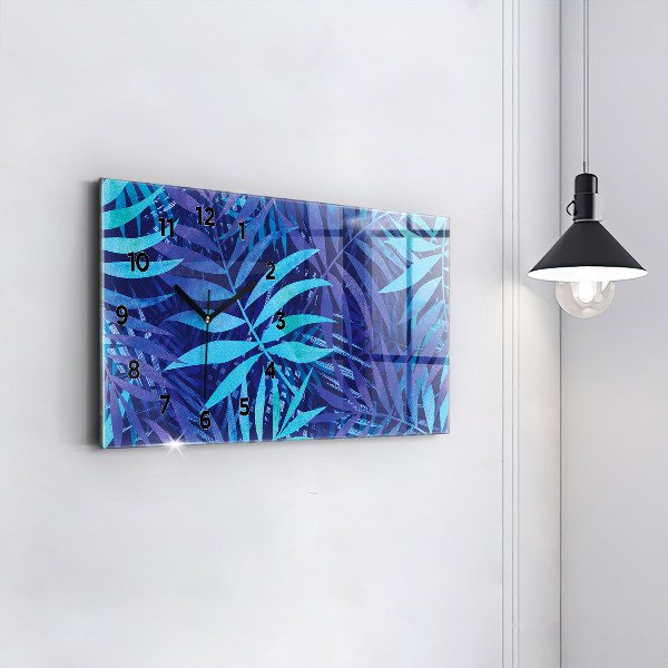 Horizontal wall clock Blue leaves