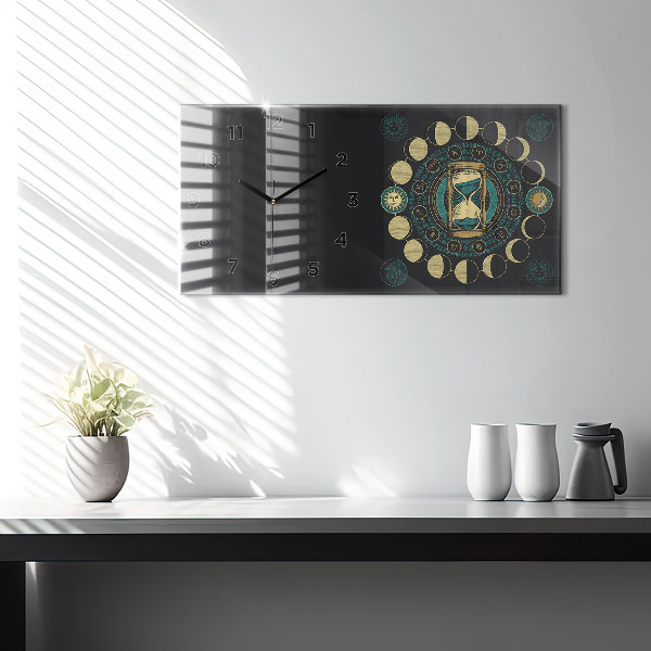 Horizontal wall clock Moon phases and hourglass
