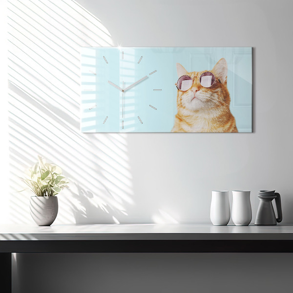 Horizontal wall clock Funny cat with glasses