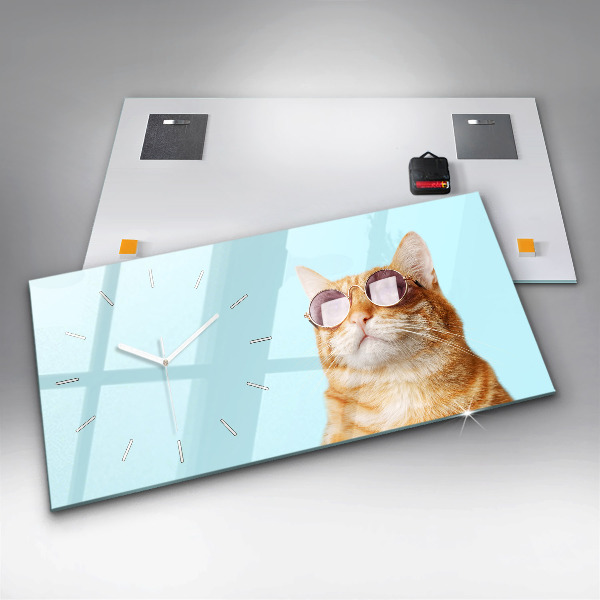 Horizontal wall clock Funny cat with glasses