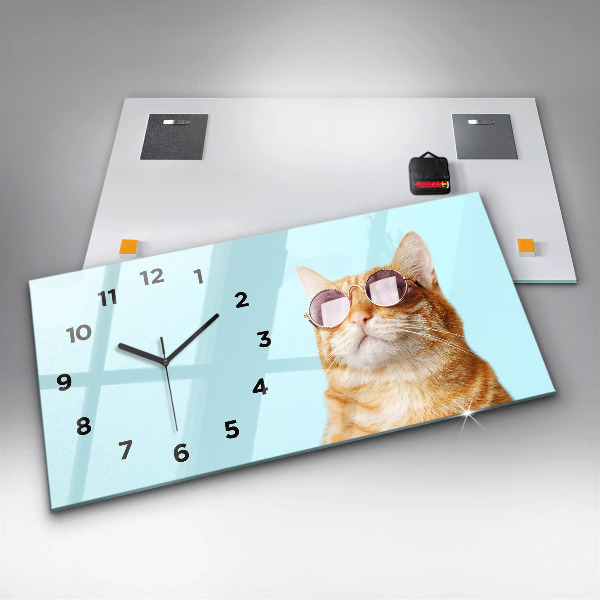 Horizontal wall clock Funny cat with glasses