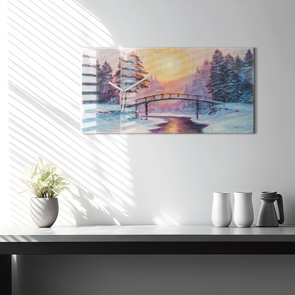 Horizontal wall clock Christmas tree and bridge