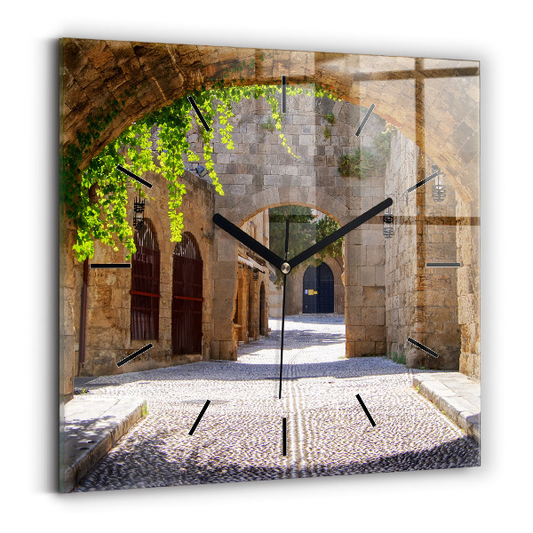 Square wall clock Picturesque street of Rhodes