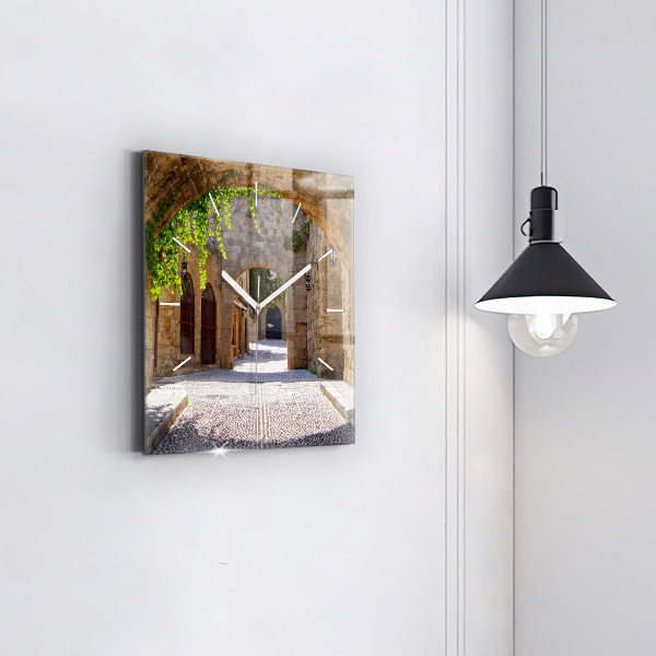 Square wall clock Picturesque street of Rhodes