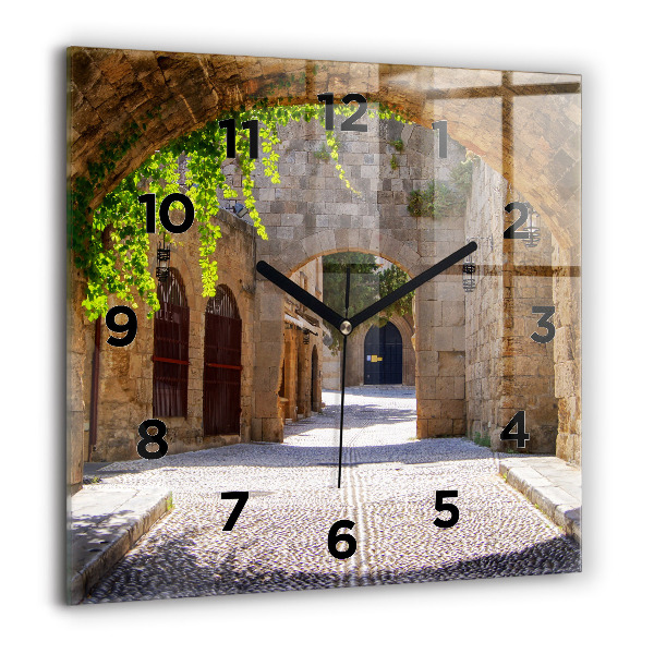 Square wall clock Picturesque street of Rhodes
