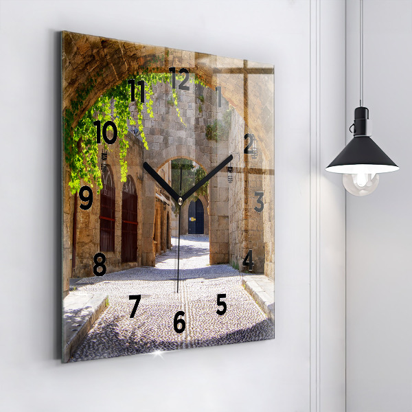 Square wall clock Picturesque street of Rhodes