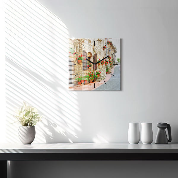 Square wall clock A picturesque street