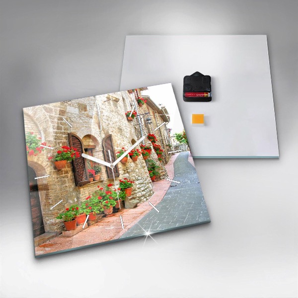 Square wall clock A picturesque street