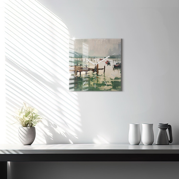 Square wall clock Fishing boats in the port