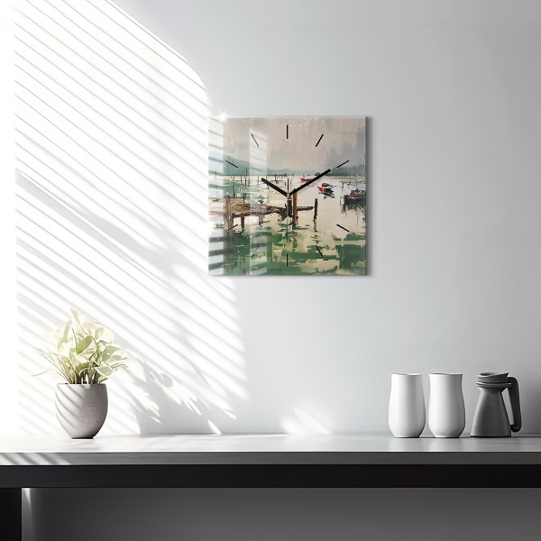 Square wall clock Fishing boats in the port