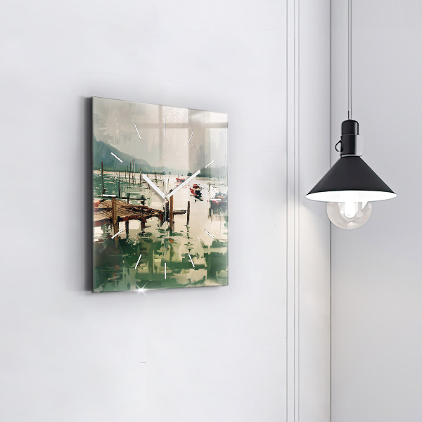 Square wall clock Fishing boats in the port