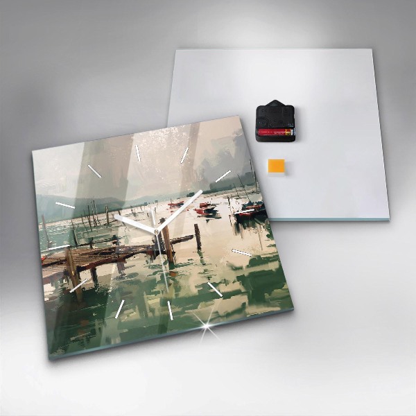 Square wall clock Fishing boats in the port