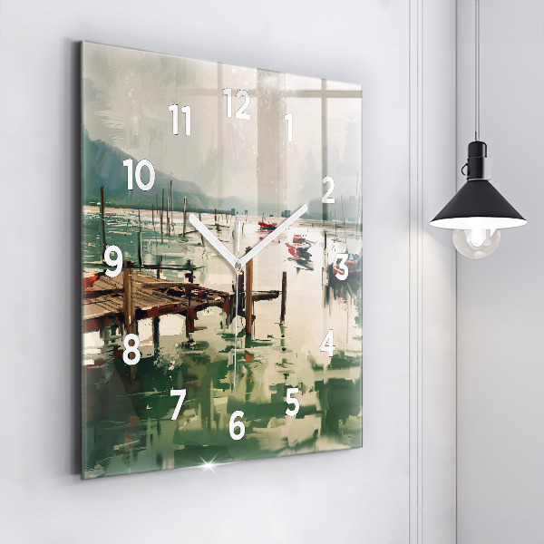 Square wall clock Fishing boats in the port