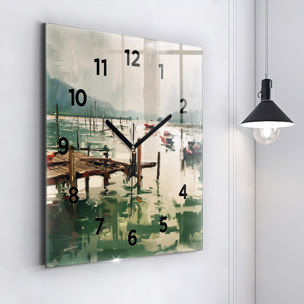 Square wall clock Fishing boats in the port