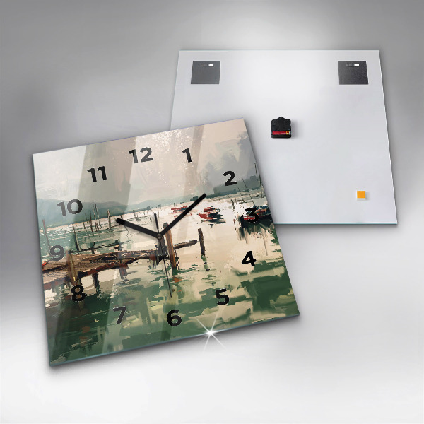 Square wall clock Fishing boats in the port