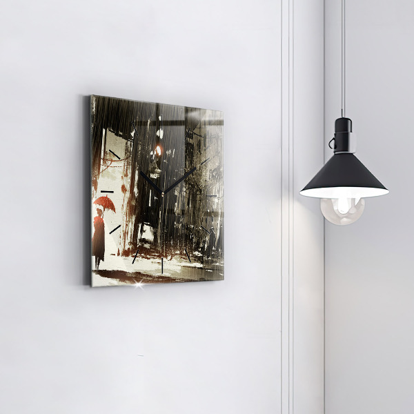 Square wall clock Woman on a rainy night