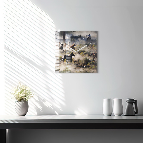 Square wall clock A herd of rushing horses