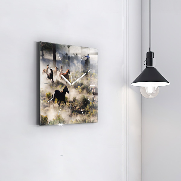 Square wall clock A herd of rushing horses