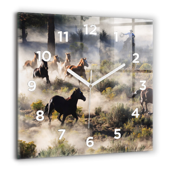 Square wall clock A herd of rushing horses