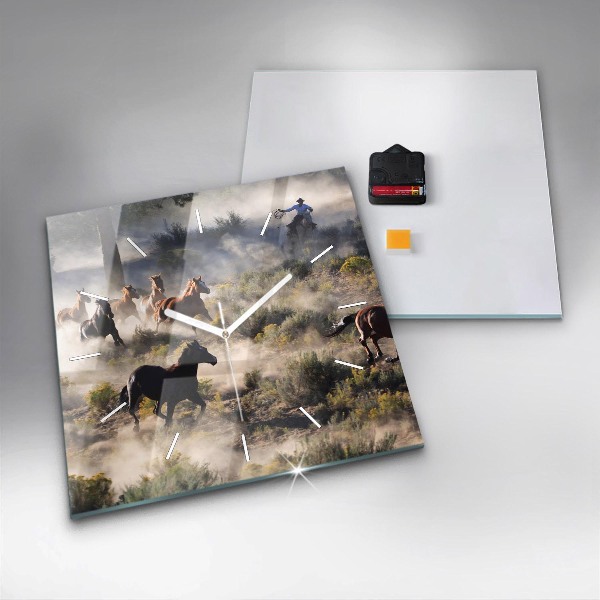 Square wall clock A herd of rushing horses
