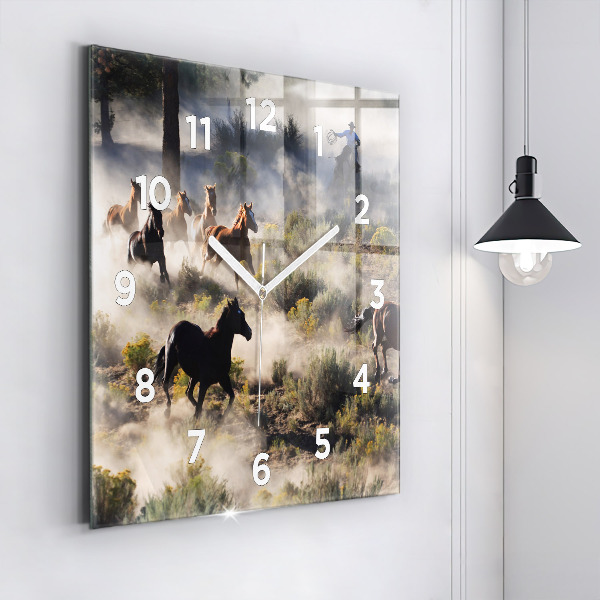 Square wall clock A herd of rushing horses