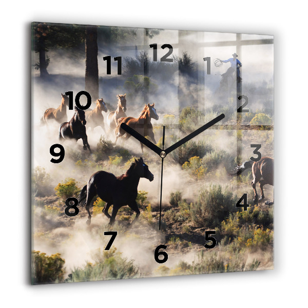 Square wall clock A herd of rushing horses