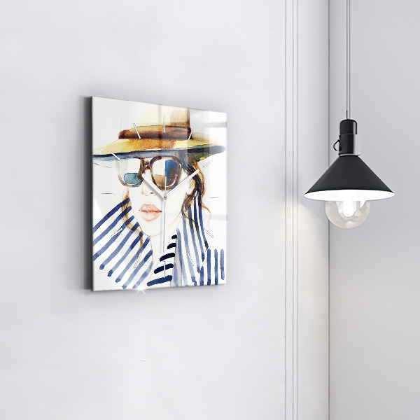 Square wall clock Face with glasses and hat