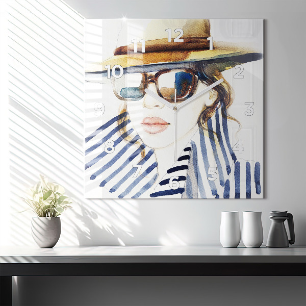 Square wall clock Face with glasses and hat