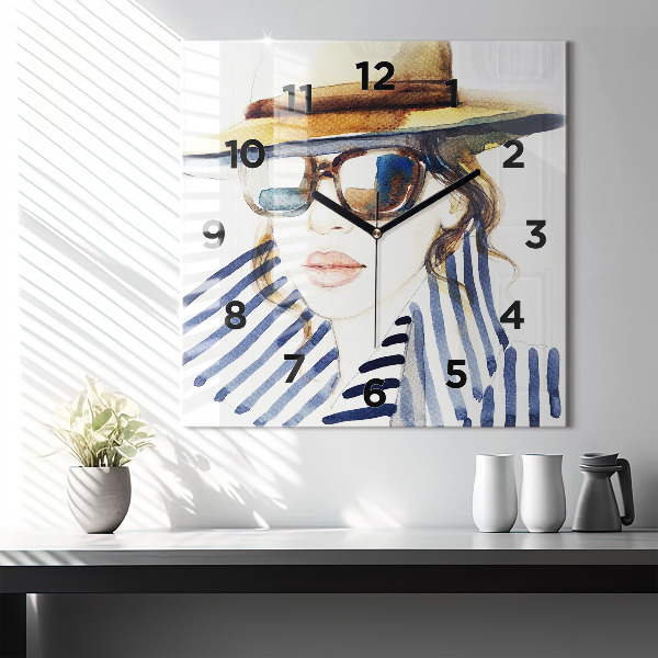 Square wall clock Face with glasses and hat