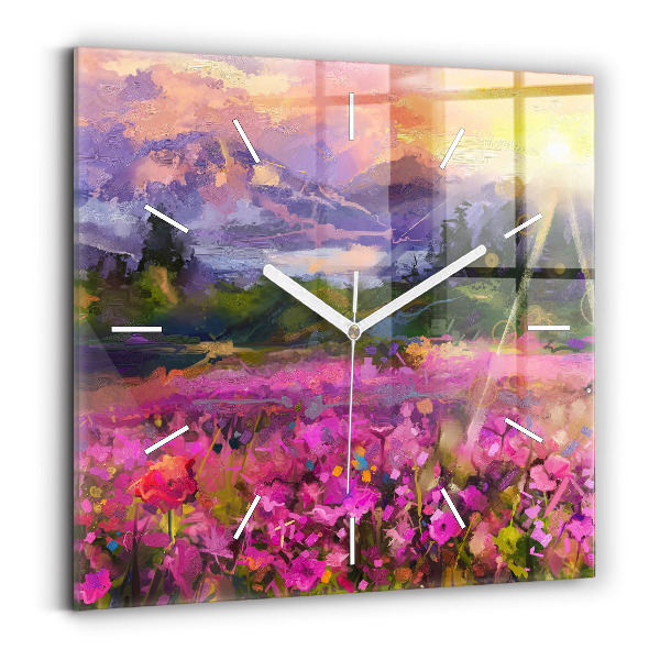 Square wall clock Meadow in the sunset