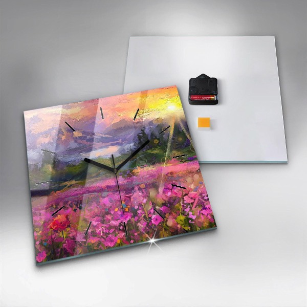 Square wall clock Meadow in the sunset