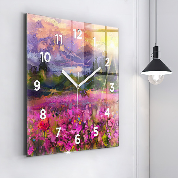 Square wall clock Meadow in the sunset