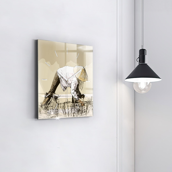 Square wall clock Woman picking rice