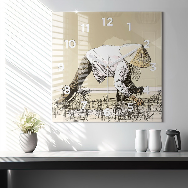 Square wall clock Woman picking rice