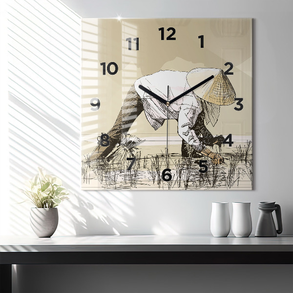 Square wall clock Woman picking rice