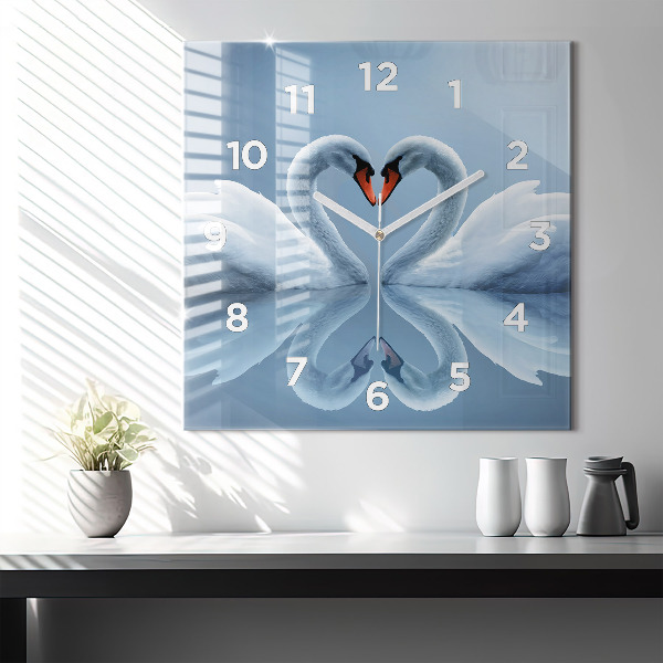 Square wall clock Swans in the heart