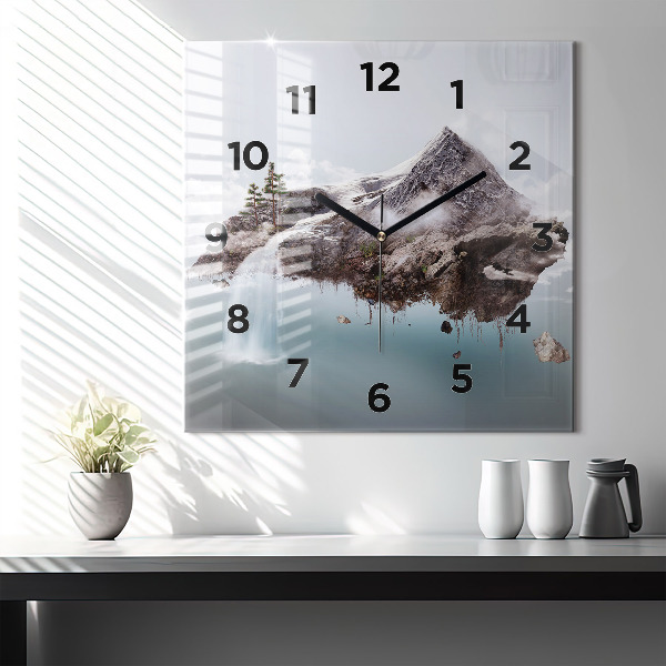 Square wall clock Flying Island and Waterfall