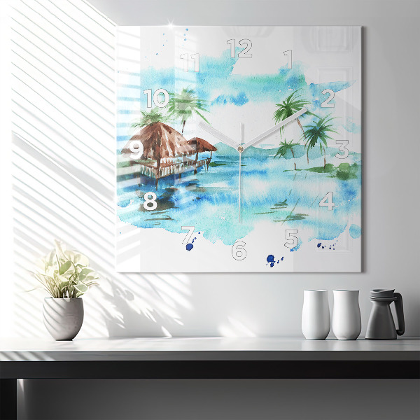 Square wall clock Picture of a deserted island