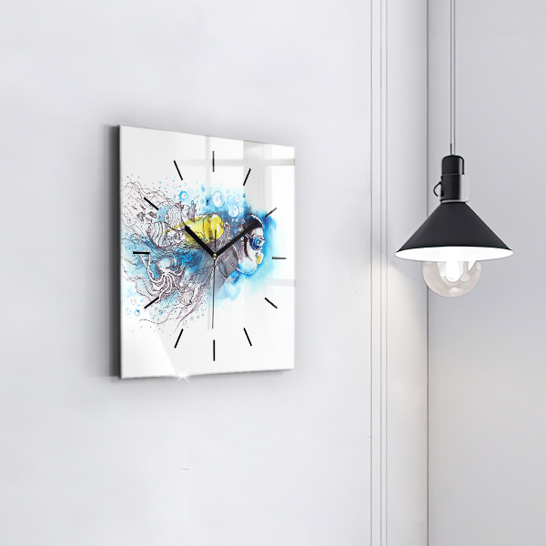 Square wall clock Underwater fish life