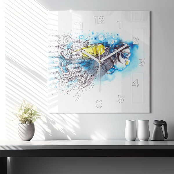 Square wall clock Underwater fish life