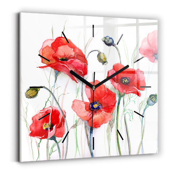 Square wall clock Painted Red Poppies