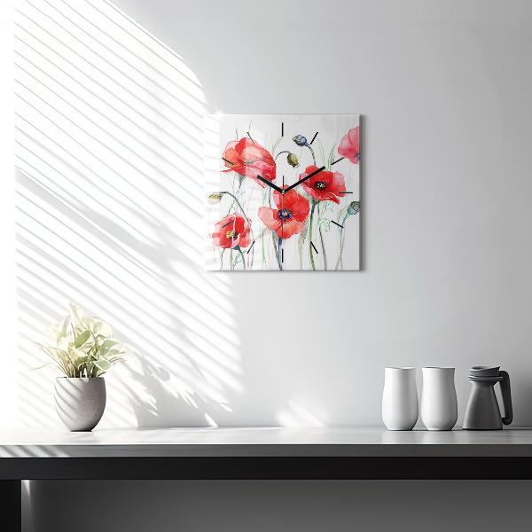 Square wall clock Painted Red Poppies