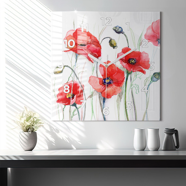 Square wall clock Painted Red Poppies
