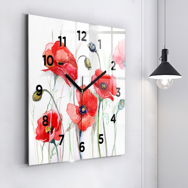 Square wall clock Painted Red Poppies