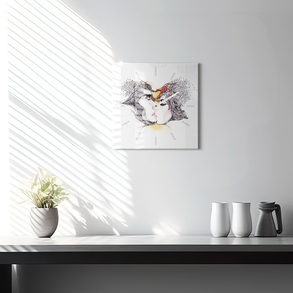 Square wall clock Love kiss drawing