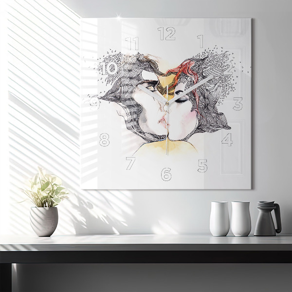 Square wall clock Love kiss drawing