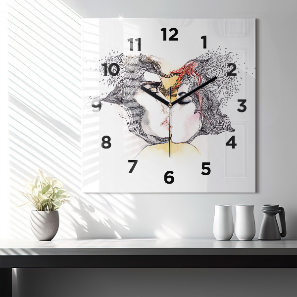 Square wall clock Love kiss drawing