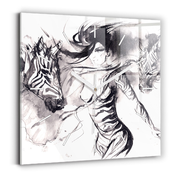 Square wall clock Woman and zebras