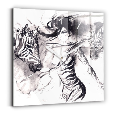Square wall clock Woman and zebras